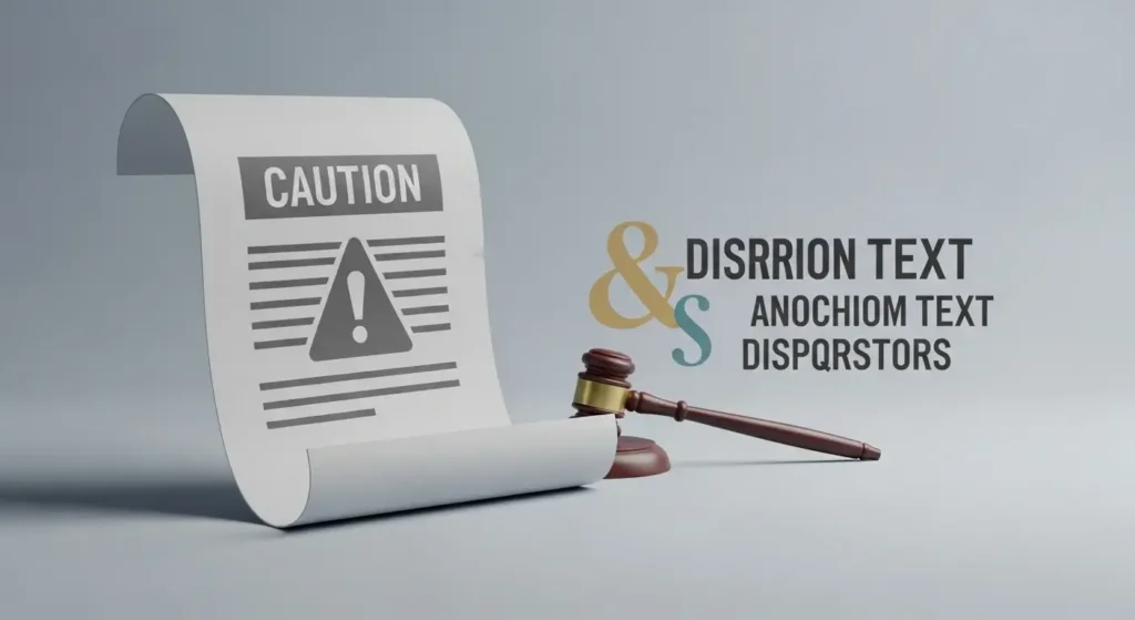 Legal disclaimer document with caution icon and scroll illustration