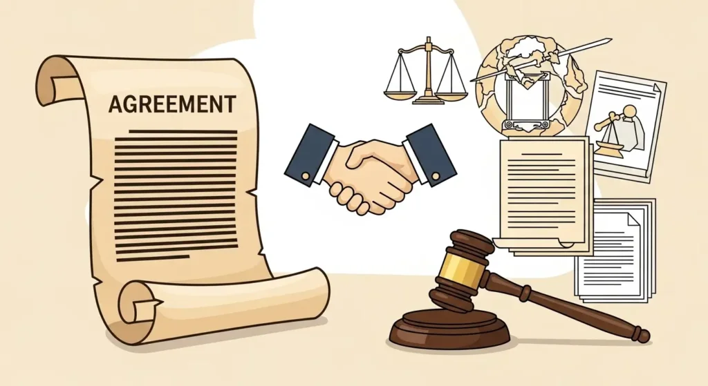 Website terms and conditions document with handshake and legal icons