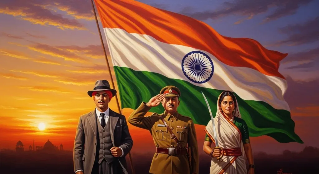 भारतीय स्वतंत्रता सेनानी भारतीय ध्वज के सामने खड़े हैं 15 August 2025