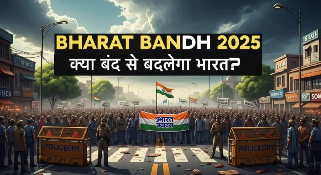 Bharat Bandh July 2025 protest image with closed shops and huge crowd