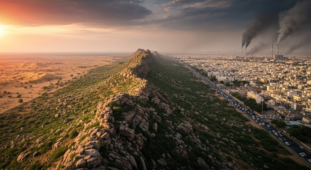 Ultra-realistic illustration of Aravali Range in India, ancient rocky hills with green patches, dry desert on one side, polluted city on the other, dramatic lighting, environmental crisis concept, high resolution, cinematic, documentary style